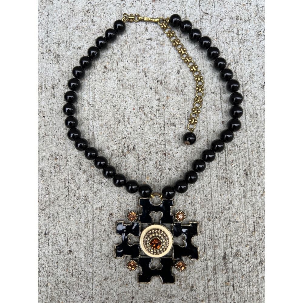 VTG Heidi Daus Black Enamel Maltese Cross Swarovski Crystal Beaded Necklace